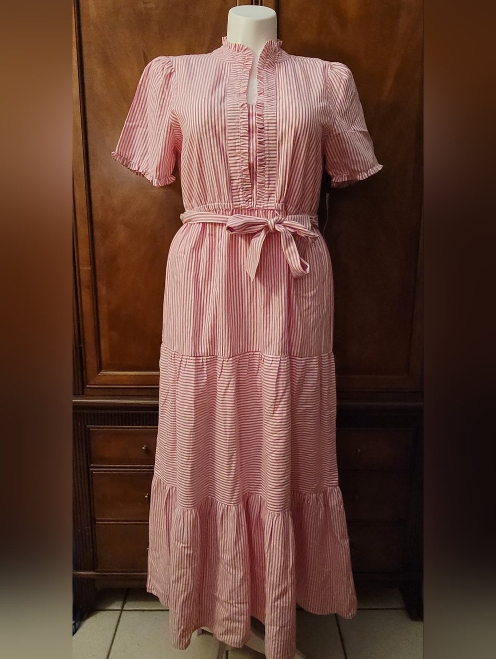 London Times Red and White Striped Dress with Tie Waist